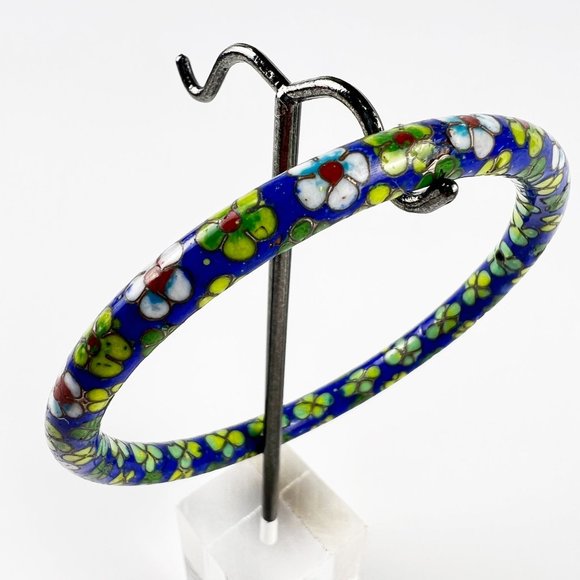 Vintage Chinese Cobalt Blue Green Cloisonne Enamel Floral Bangle Bracelet - Picture 4 of 4